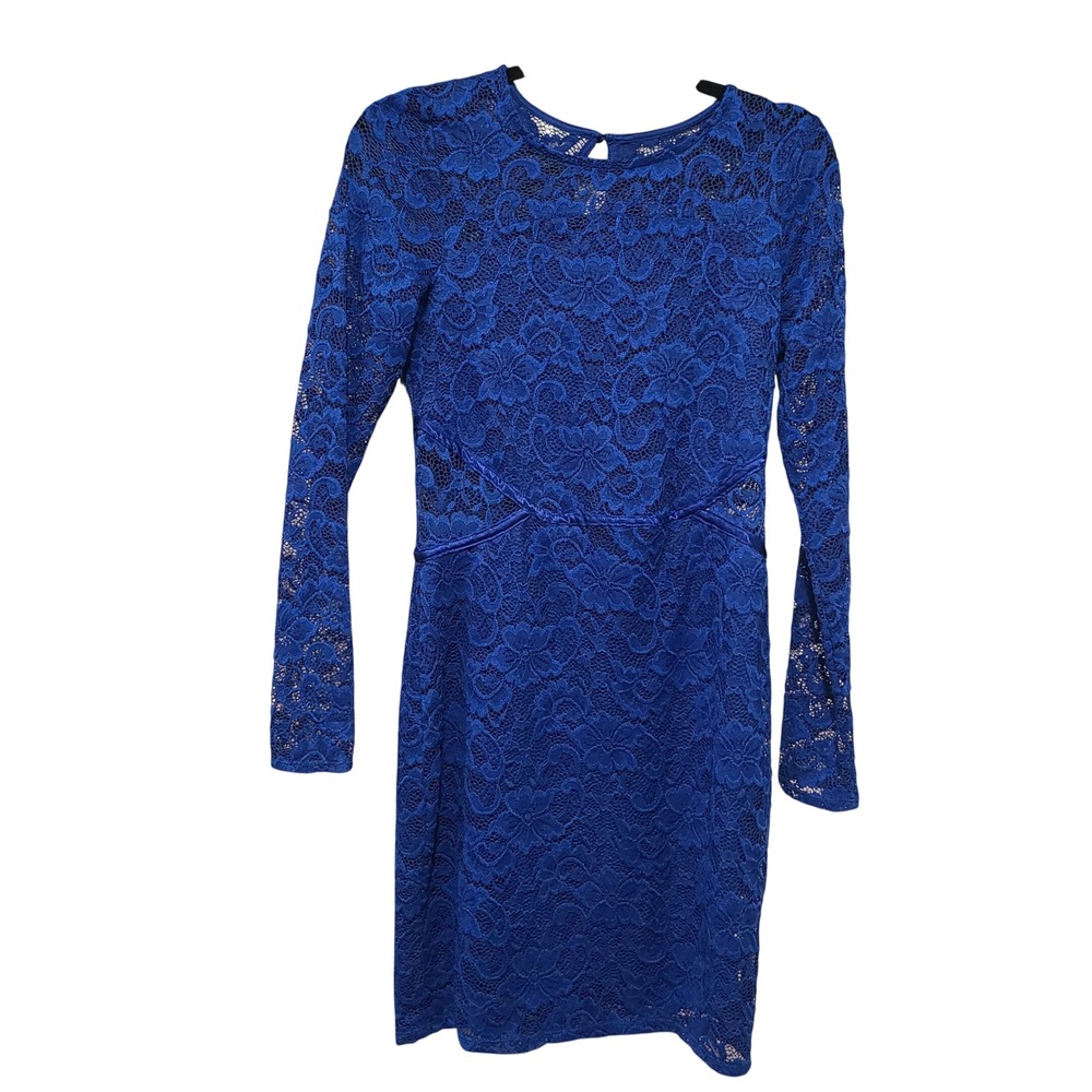 Royal Blue Floral Lace Long Sleeve Bodycon Mini Dress Satin Trim Cocktail
